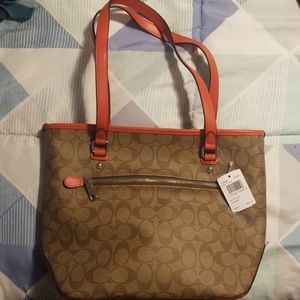 Coach Khaki/Orange Red Tote Purse